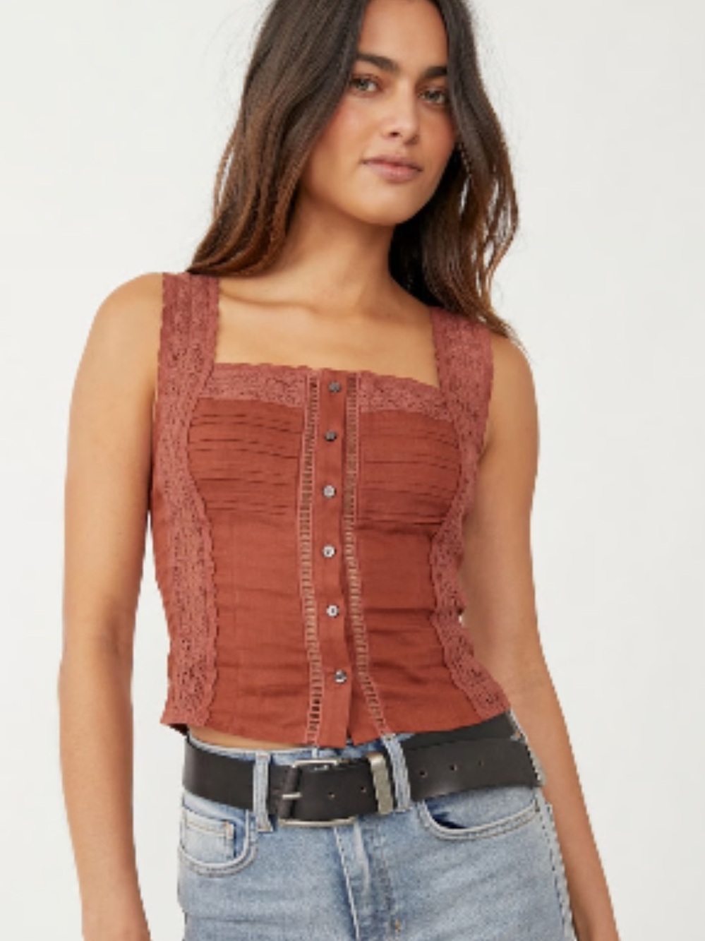 Free People Women's Maggie Rust Lace-Trim Linen Tank in Coconut Shell - size S